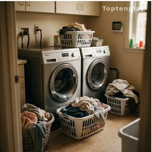 Two washing machines in a busy family utility room with laundry baskets