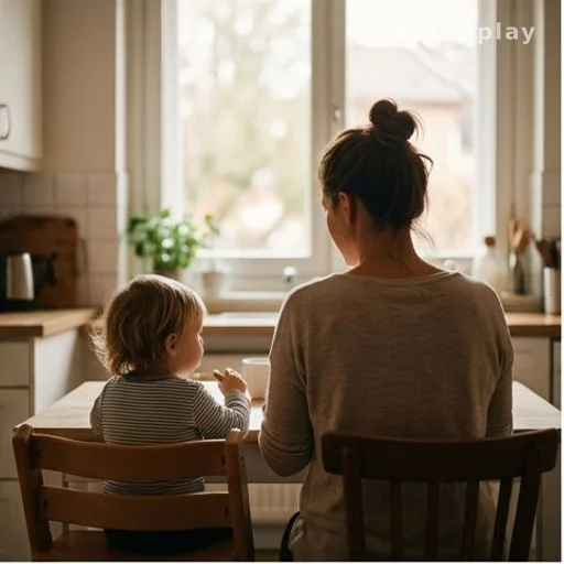 Mother and young child at kitchen table, illustrating fostering and family life