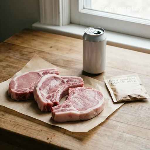 Raw bone-in pork chops with beer and onion soup mix for slow cooker dinner