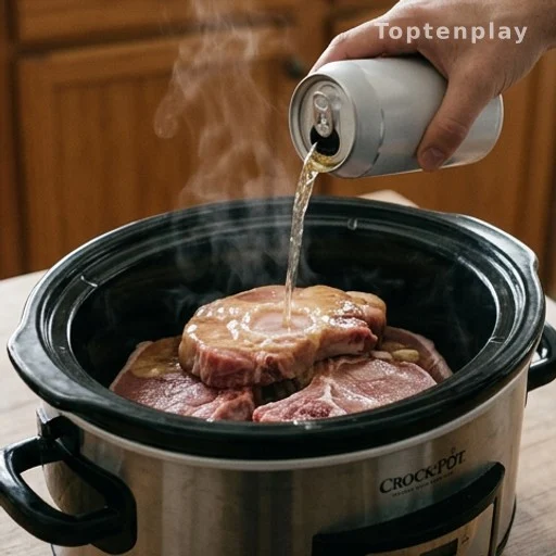 Beer being poured over pork chops in a slow cooker, budget weeknight dinner preparation