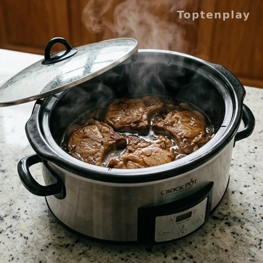 Slow cooker with beer braised pork chops in savory braising liquid, tender dinner