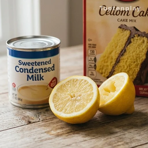 Three lemon bar ingredients — condensed milk, lemon juice, and cake mix — on a kitchen counter