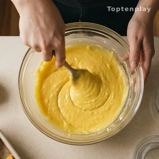 Hands mixing lemon bar batter in a glass bowl, easy one-bowl baking process