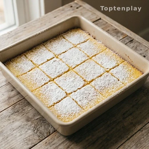 Freshly cut lemon bars dusted with powdered sugar in a square baking pan