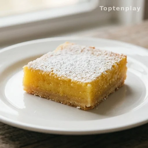 Close-up of a lemon bar square showing dense interior texture and powdered sugar topping