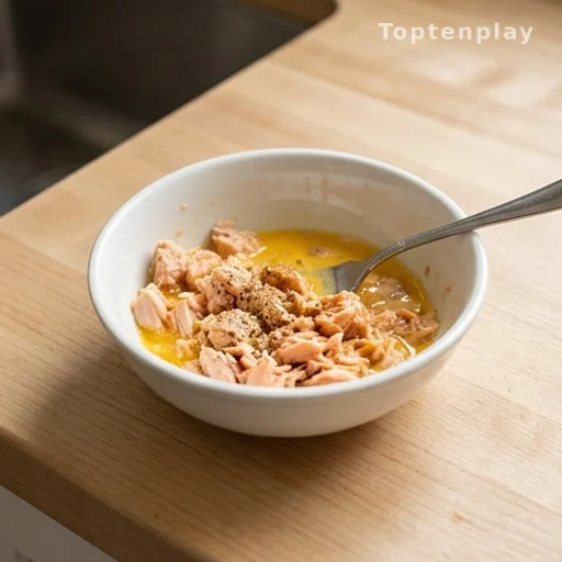 Bowl of flaked canned salmon mixed with eggs for low carb patties