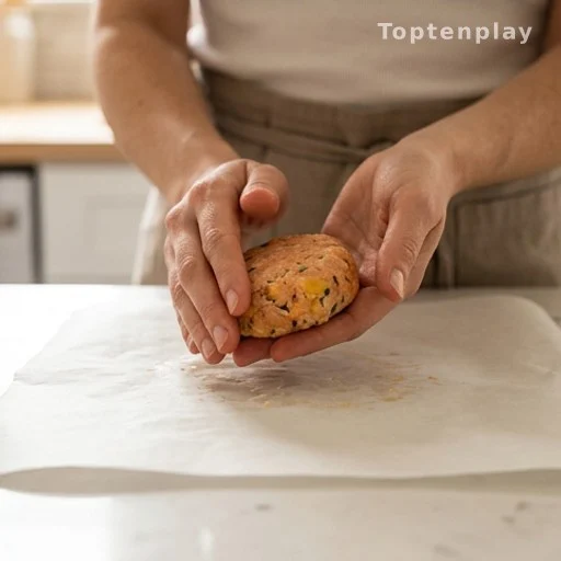 Hands forming raw salmon mixture into patties for gluten-free meal prep