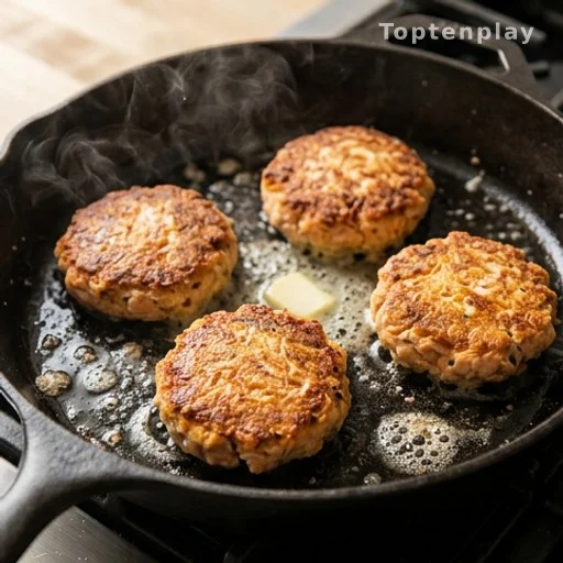 Golden salmon patties pan-frying in a skillet with butter