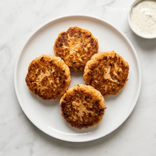 Plated low carb salmon patties with dipping sauce, meal prep serving