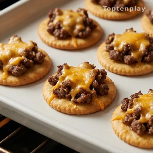 Crackers topped with seasoned ground beef and melted cheddar cheese on a serving tray