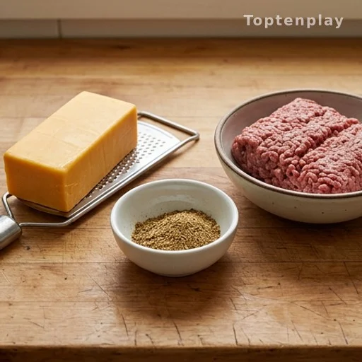 Ground beef, dry ranch seasoning mix, and a block of sharp cheddar cheese on a kitchen counter