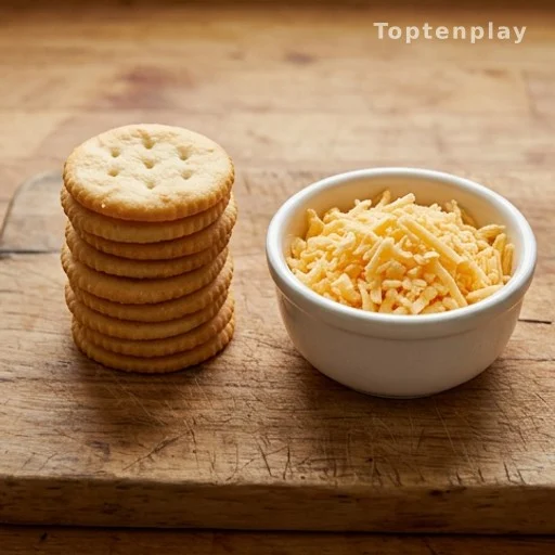 Stack of sturdy round crackers next to freshly grated cheddar cheese for a budget-friendly appetizer