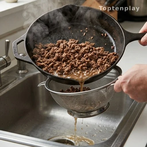 Browned ground beef being drained in a colander, key step in a healthy appetizer preparation