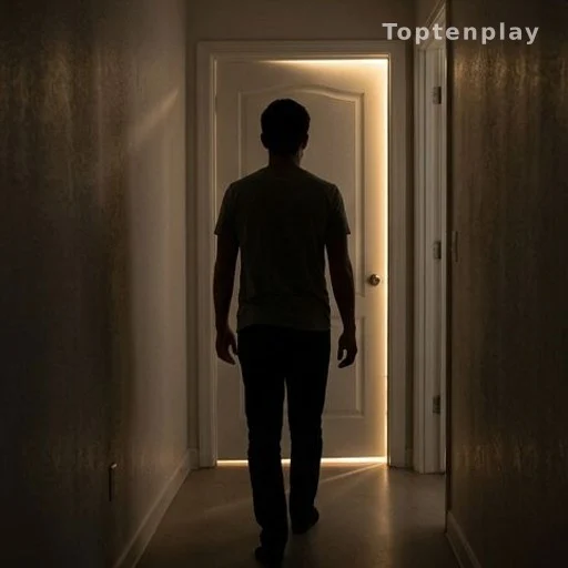 Silhouette of a young adult walking toward a lit bathroom door at night