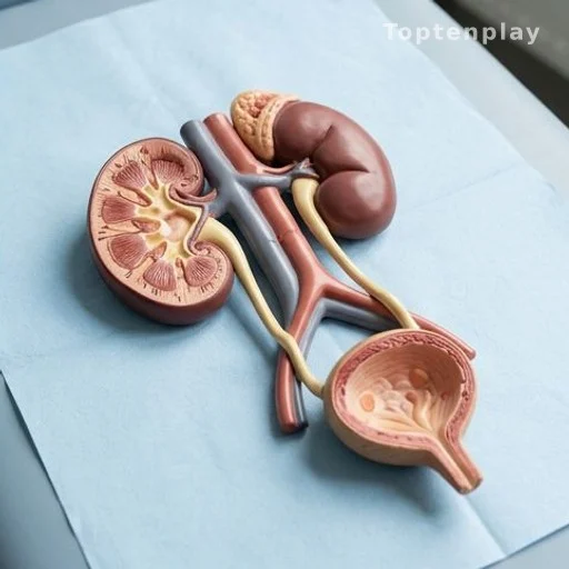 Anatomical kidney model on a medical examination table under clinical lighting
