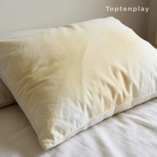 Yellowed white pillow showing sweat and dust mite discoloration on bedding