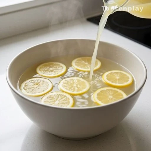 Lemon juice poured into hot water for natural pillow whitening cleaning method