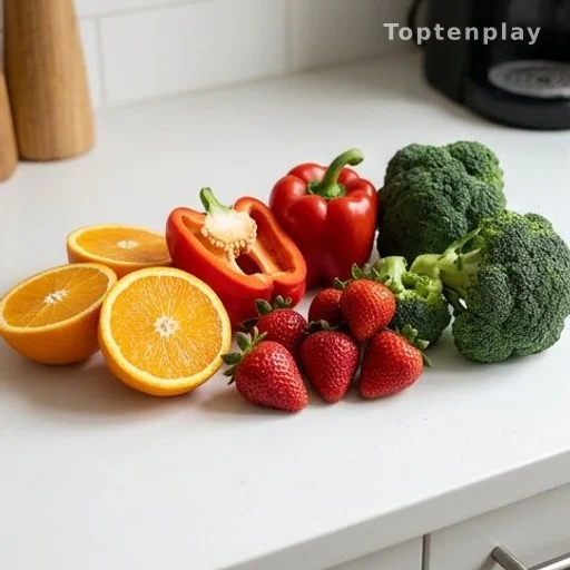 Citrus fruits, bell peppers, strawberries, and broccoli as sources of Vitamin C