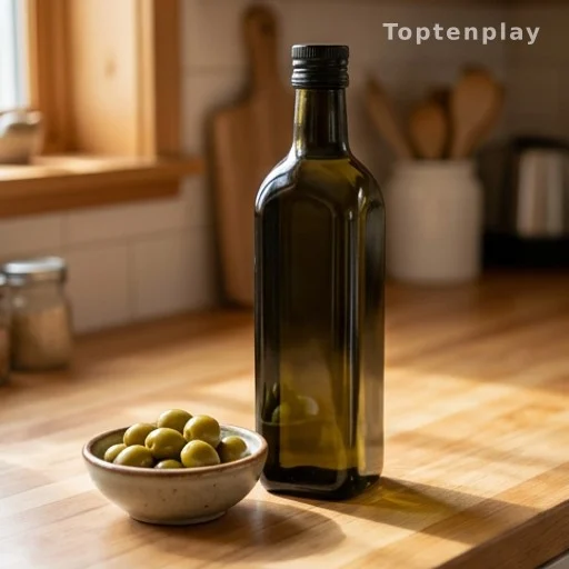Dark glass bottle of extra-virgin olive oil with certification label and fresh olives