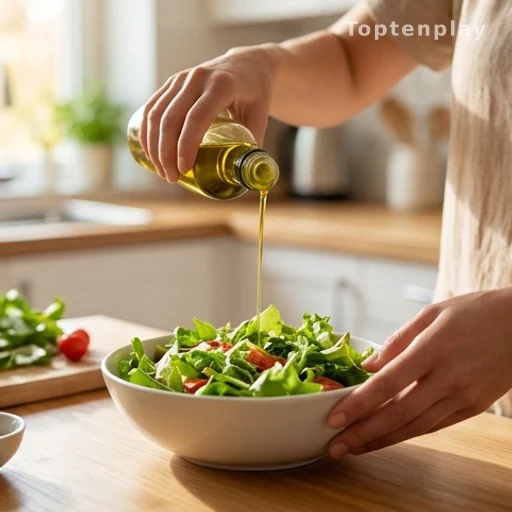 Hands drizzling extra-virgin olive oil on a salad, blood sugar and metabolic health