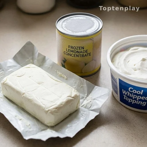 Cream cheese, frozen lemonade concentrate, and whipped topping ingredients for no-bake pie
