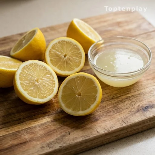 Fresh lemons and lemon juice on cutting board, vitamin C rich ingredients