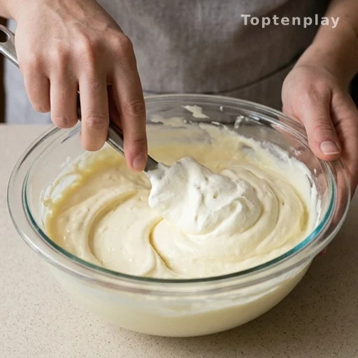 Hands folding whipped topping into lemon cream cheese filling for no-bake pie