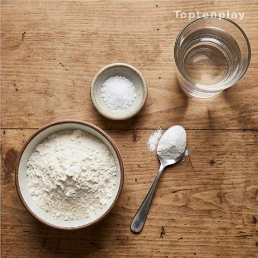 Four flatbread ingredients laid out on a wooden kitchen counter