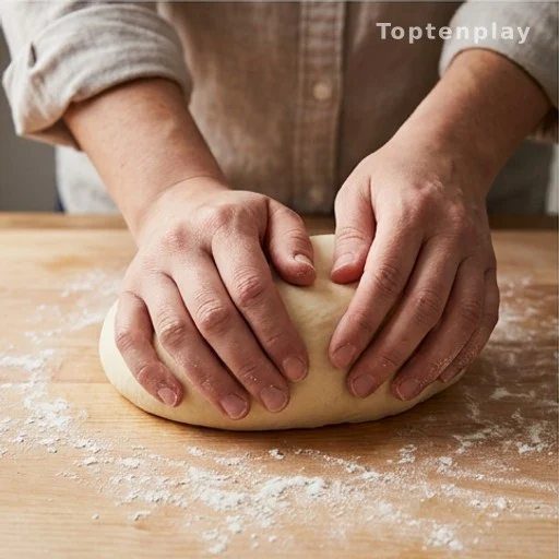 Hands kneading soft flatbread dough on a floured wooden surface