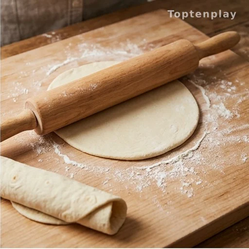 Rolling pin flattening flatbread dough to quarter-inch thickness on a floured board