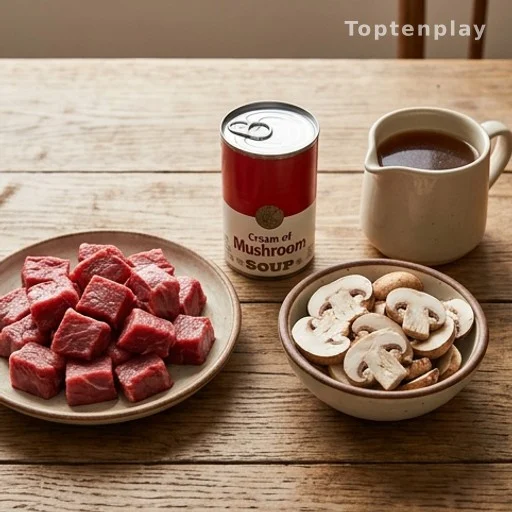 Four slow cooker beef tips ingredients on a wooden table