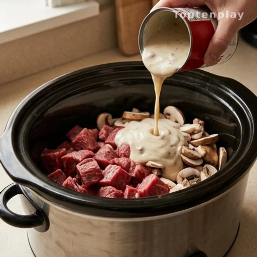 Slow cooker being filled with beef and mushroom soup ingredients