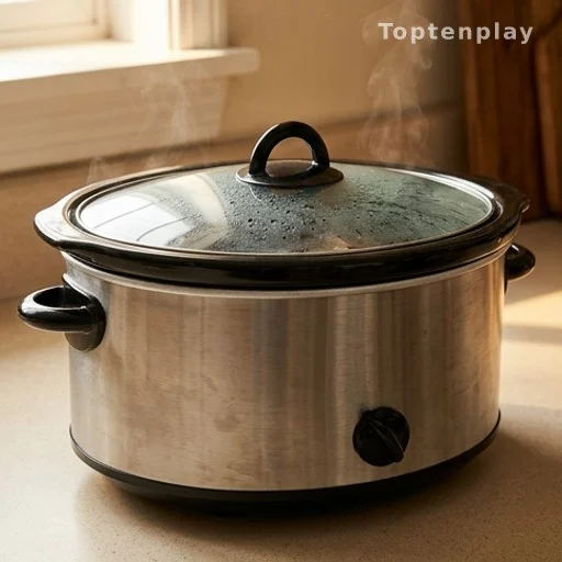 Slow cooker with steam rising during long beef cooking process