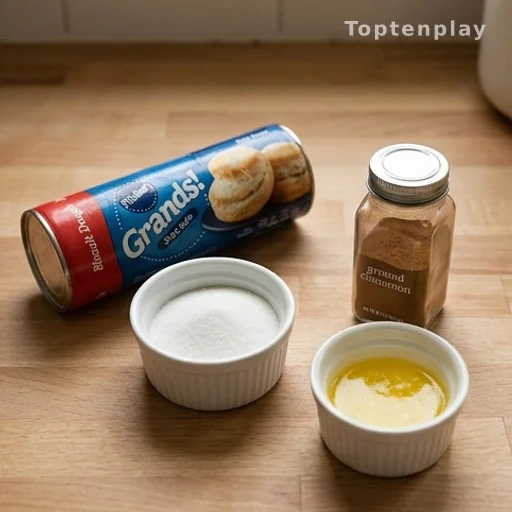 Four biscuit bite ingredients laid out on a kitchen counter for easy baking recipe