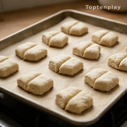 Raw biscuit dough pieces cut into quarters on a parchment-lined baking sheet