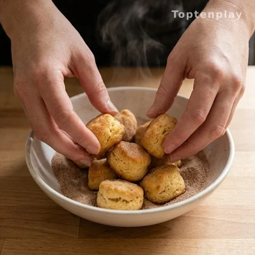 Hands rolling warm biscuit bites in cinnamon sugar coating after baking