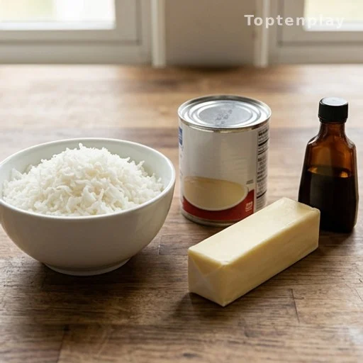 Four no-bake recipe ingredients including shredded coconut and condensed milk on a counter