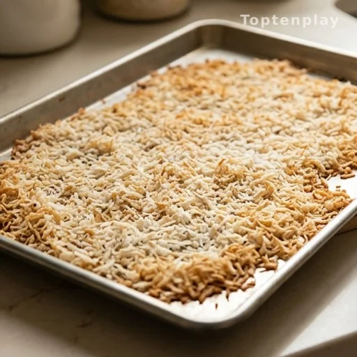 Toasted shredded coconut on a baking sheet, golden brown, gluten-free dessert preparation