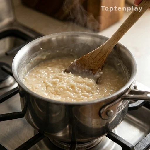 Coconut and condensed milk mixture being stirred in a saucepan for a no-bake dessert recipe