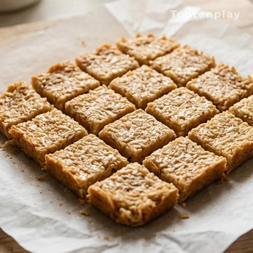 Sixteen coconut chewie squares on parchment paper, gluten-free no-bake dessert ready to serve