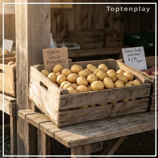 Farmers market stall with fresh Yukon Gold potatoes in a wooden crate