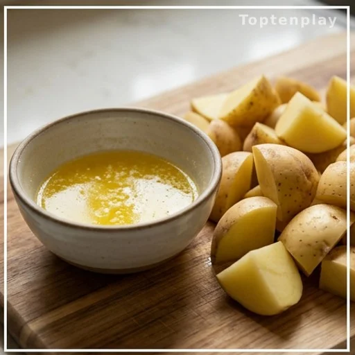 Melted butter in a bowl beside Yukon Gold potato chunks, budget cooking ingredients