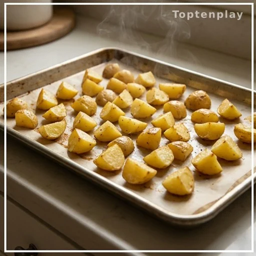 Roasted potato chunks on a baking sheet with crispy golden edges, easy dinner recipe