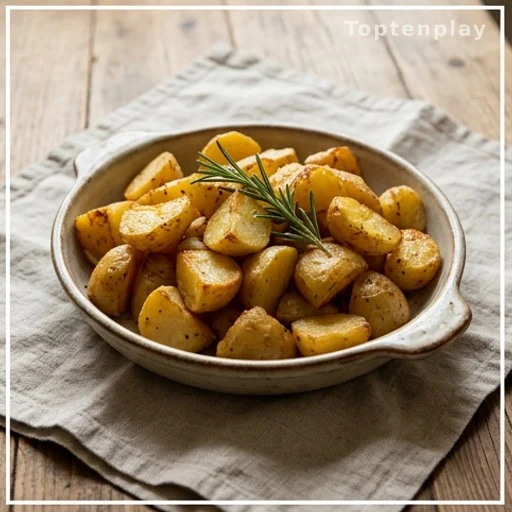 Rustic serving dish of golden roasted potatoes with rosemary, gluten-free vegetarian side dish