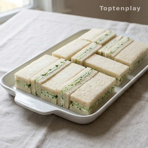 Tray of crustless Southern cucumber sandwiches with herbed cream cheese at a party