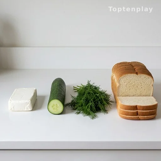 Four ingredients for cucumber sandwiches: cream cheese, cucumber, dill, and white bread