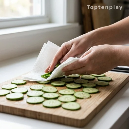 Hands drying cucumber slices with paper towels before sandwich assembly