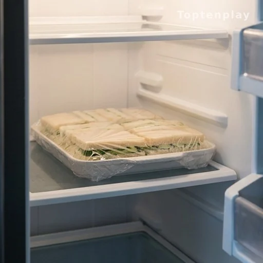 Covered tray of cucumber sandwiches chilling in a refrigerator before a party