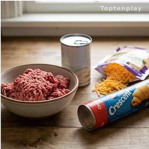 Four budget meal ingredients on a kitchen counter: beef, crescent dough, cheddar, soup