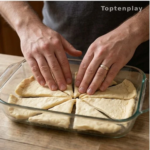 Hands pressing crescent roll dough into a glass casserole dish for easy dinner recipe